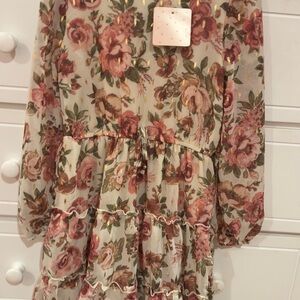 Love to Be Loved Girls Floral Dress Size 10 Gold Metallic Detail Tiered Skirt